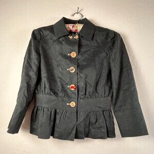 Gia Women's Size 6 Black 100% Linen Ruffle Button Up Long Sleeves Blazer Jacket